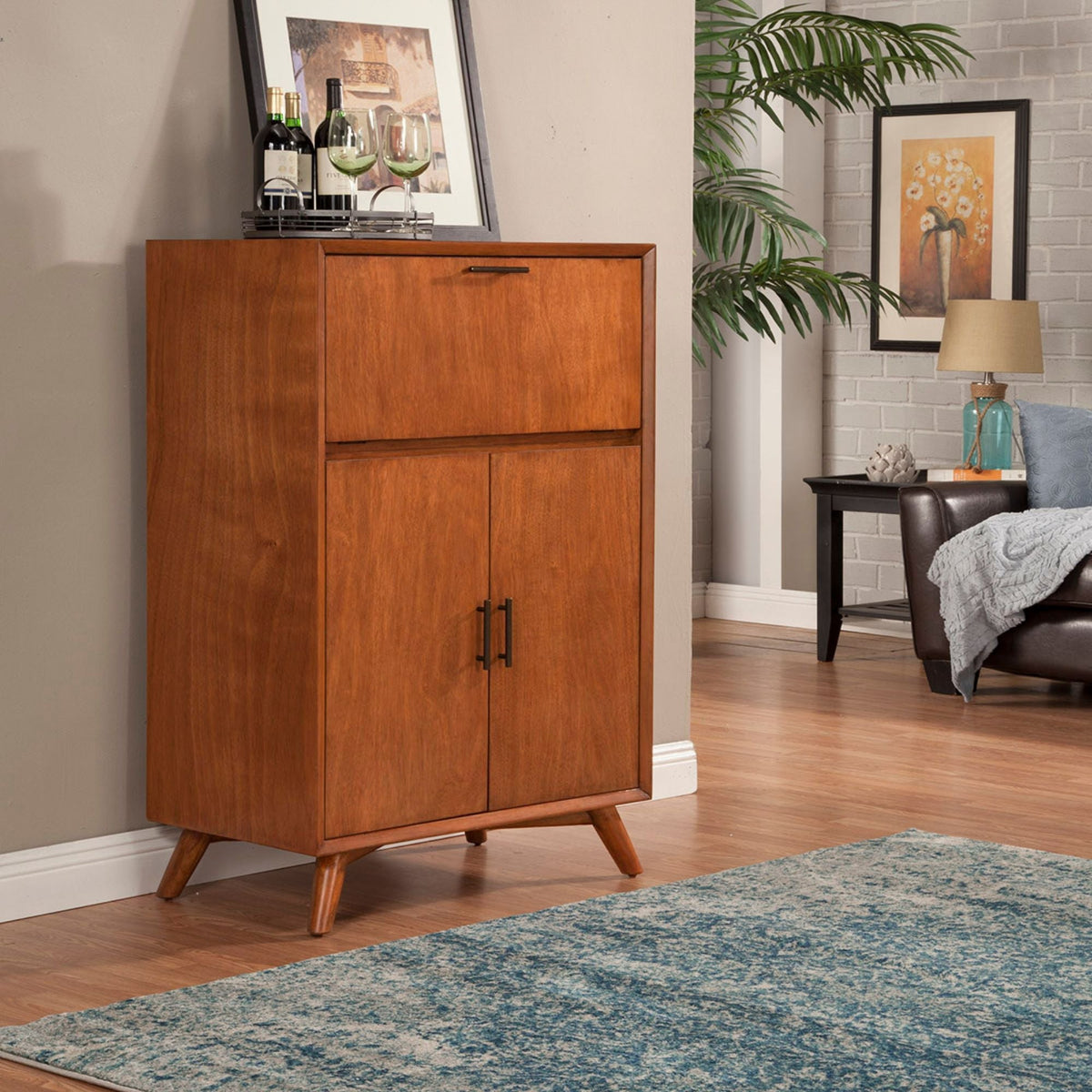 Flynn Mid-Century Large Bar Cabinet with Wine Rack, Chestnut – view 3