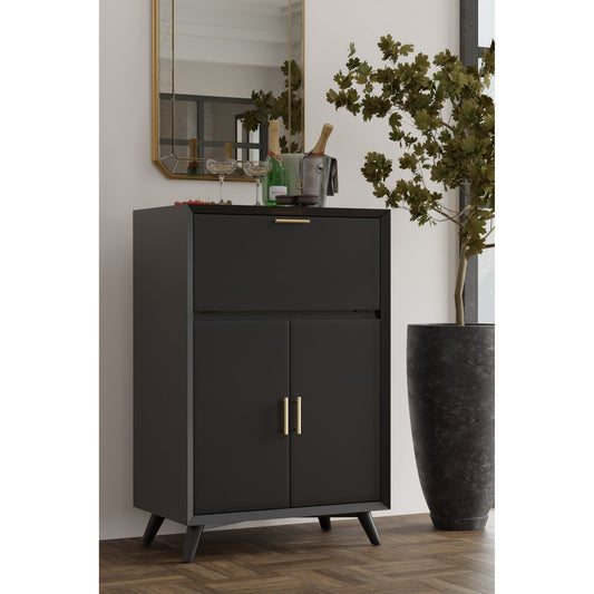 Painted Black Flynn Bar Cabinet with Mirrored Interior