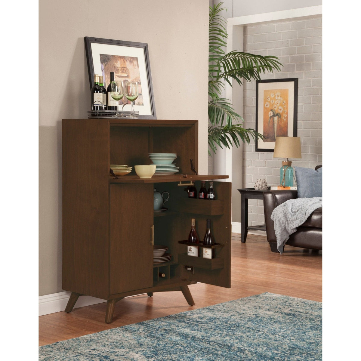 Flynn Mid-Century Large Bar Cabinet with Wine Rack, Walnut – view 3
