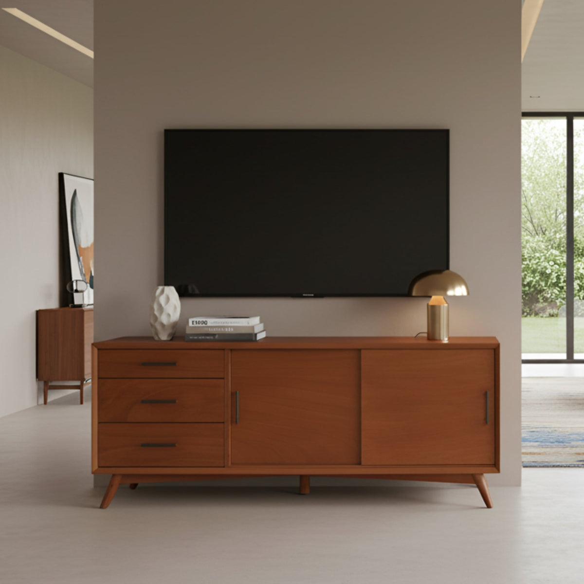 Solid Mahogany Flynn Large TV Console, Chestnut Finish