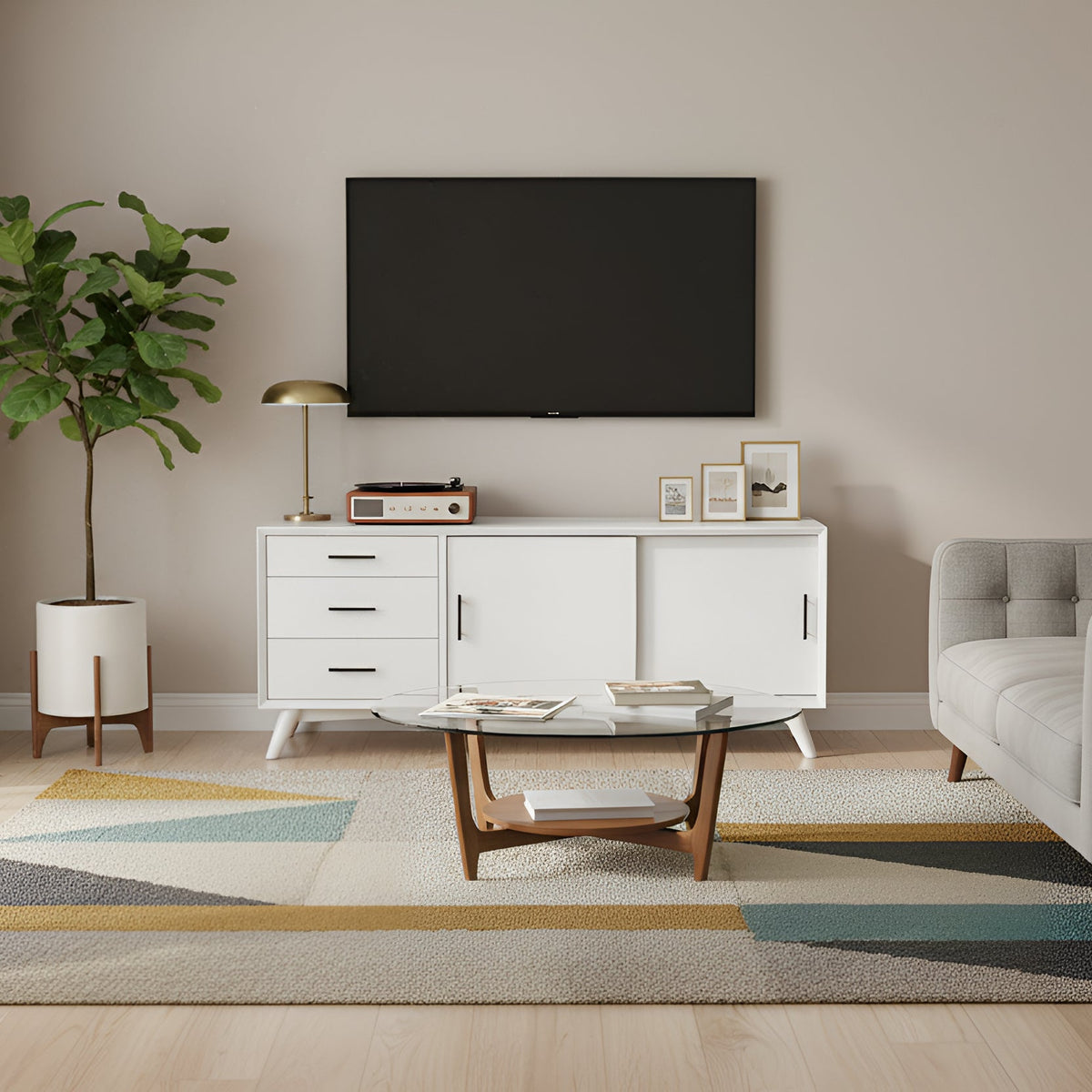 White Finish Large TV Console for Media and Storage