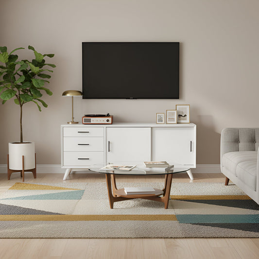 White Finish Large TV Console for Media and Storage