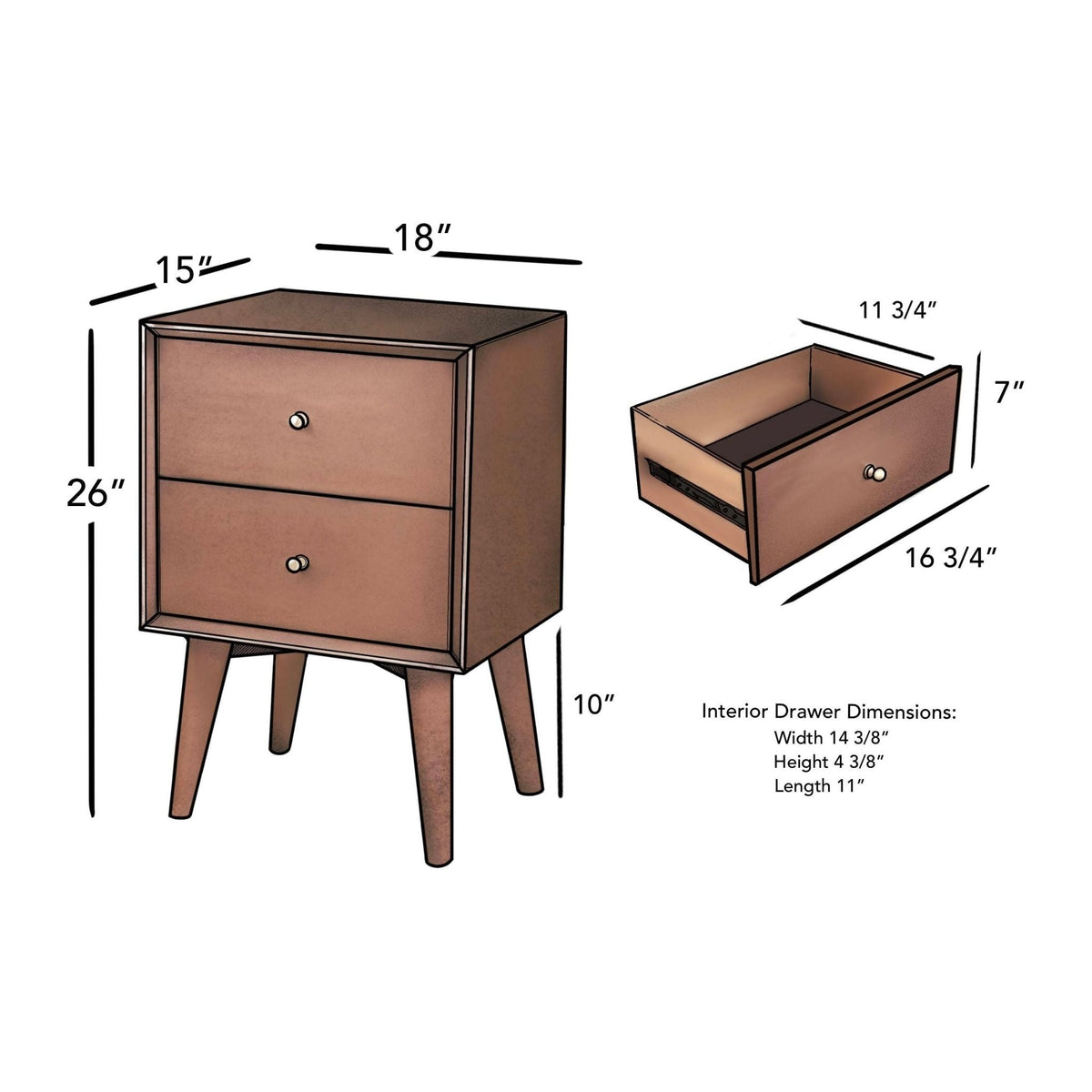 Flynn Mid-Century Nightstand in Chestnut Mahogany with Open Shelf – view 12