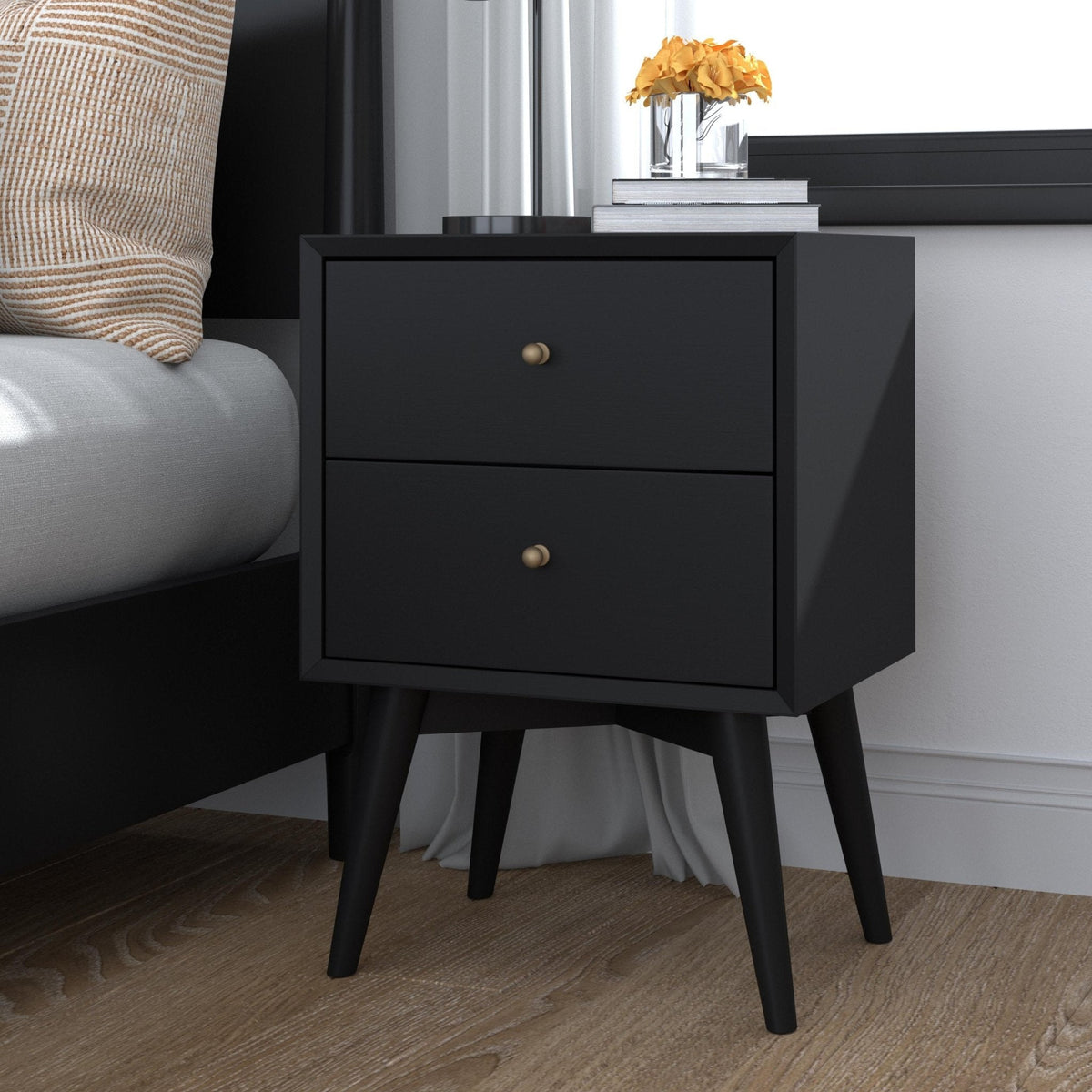 Flynn Mid-Century Nightstand in Matte Black with Open Shelf – view 2