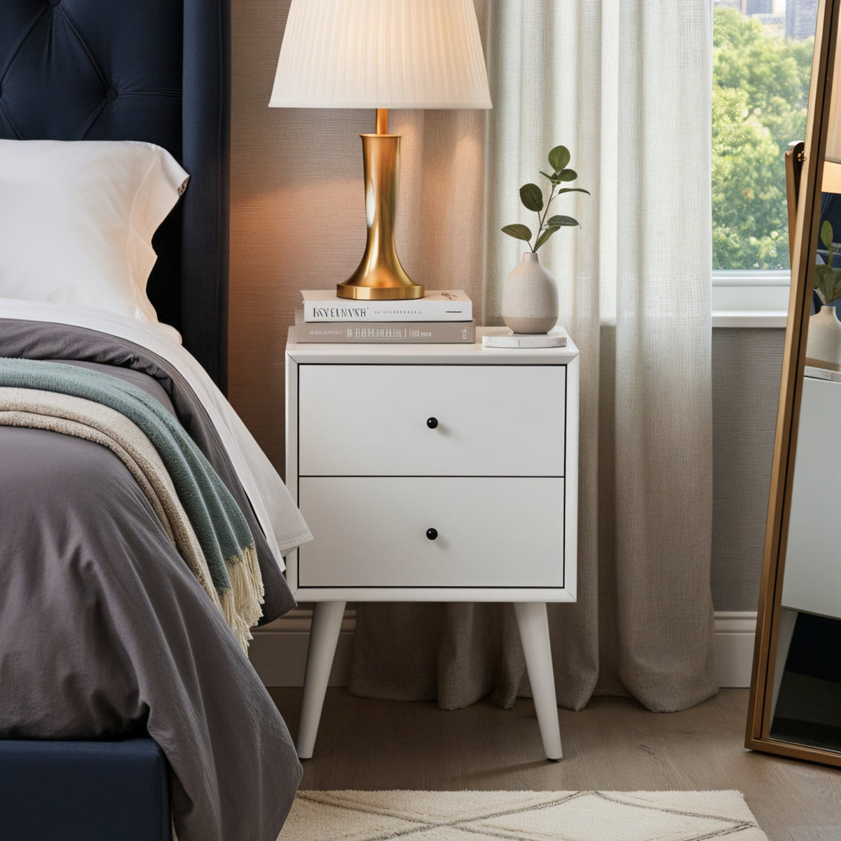 Matte White Flynn Nightstand with Felt-Lined Drawers and Shelf