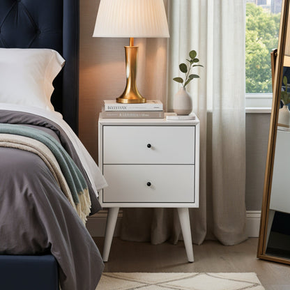 Matte White Flynn Nightstand with Felt-Lined Drawers and Shelf