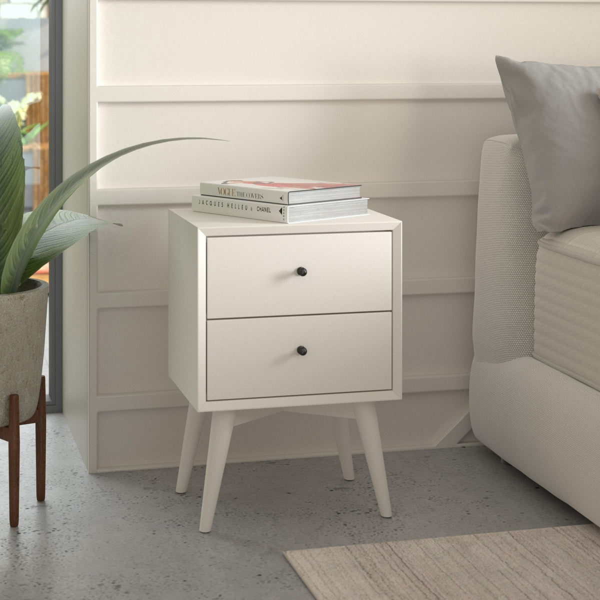 Flynn White Nightstand with Two Drawers and Open Shelf – view 3