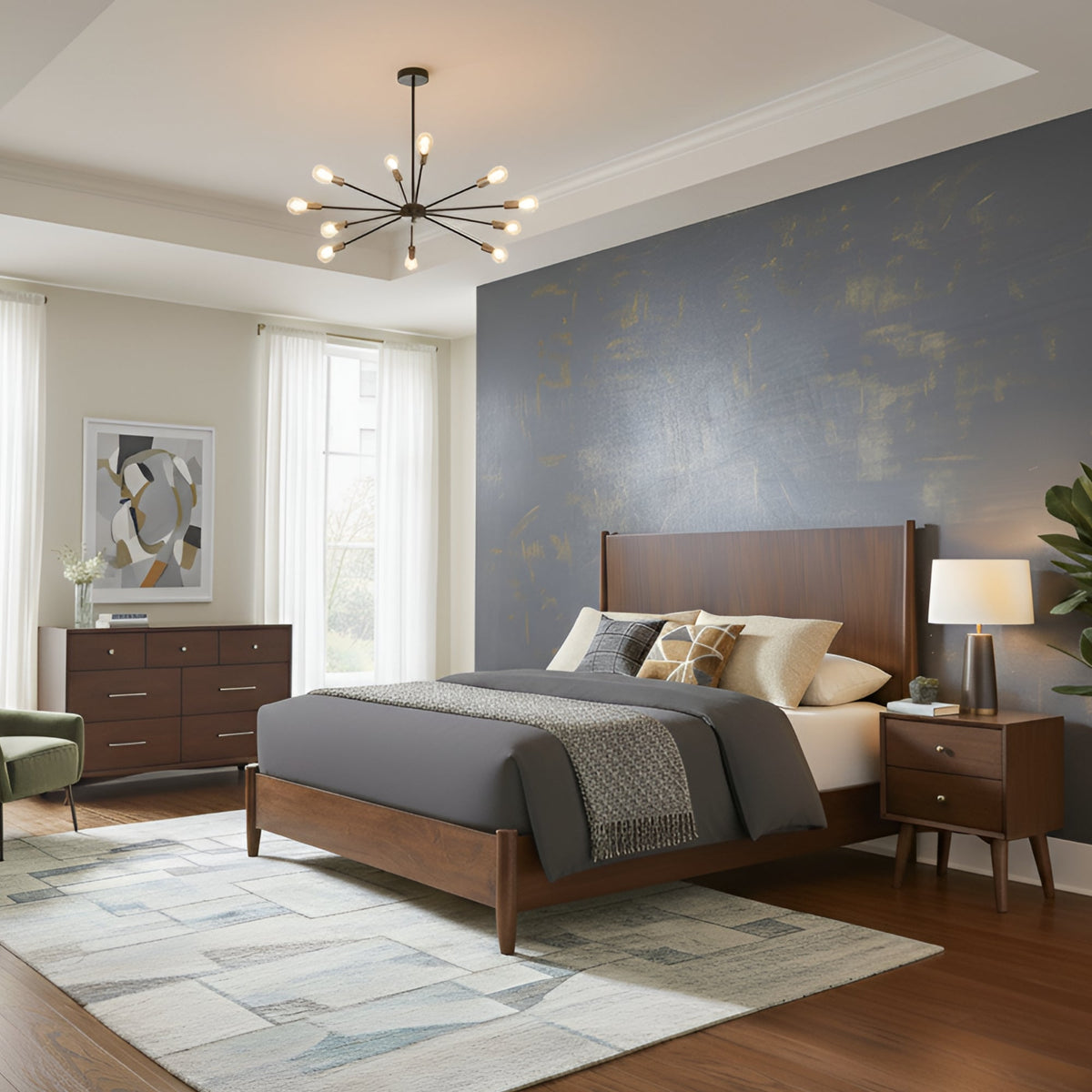Flynn Panel Bed in Rich Walnut with Sculpted Slat Headboard – view 2