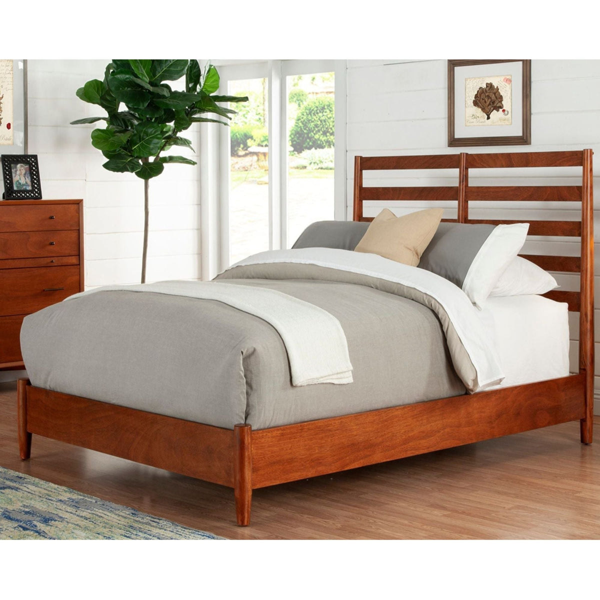 Solid Mahogany Retro Bed, Chestnut Finish