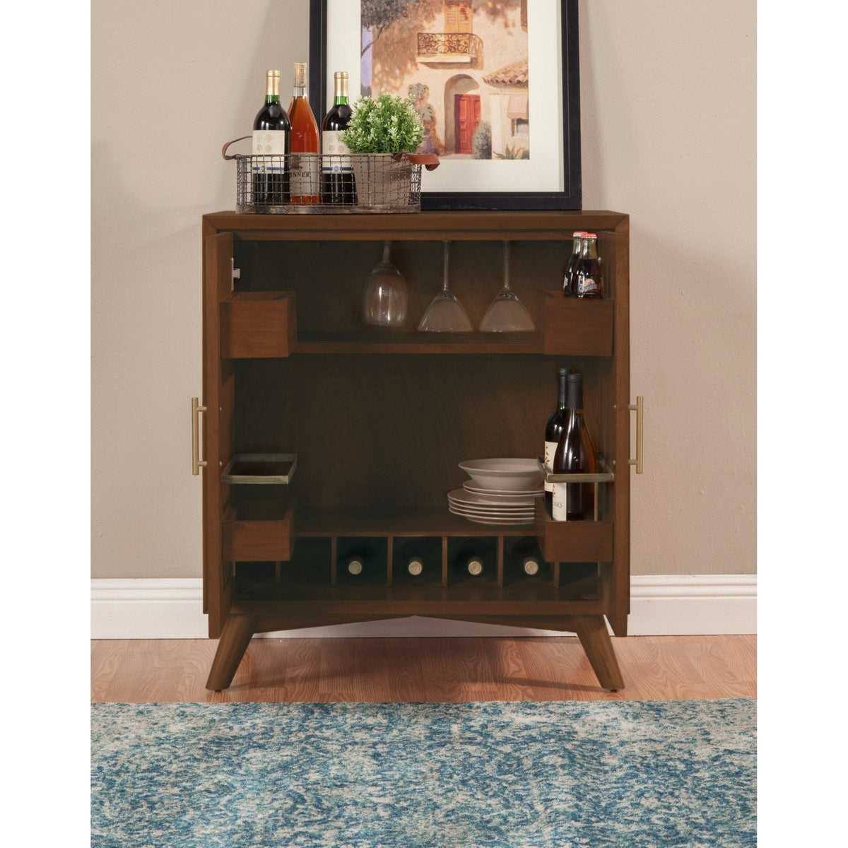 Flynn Small Bar Cabinet with Wine and Stemware Storage, Walnut – view 3