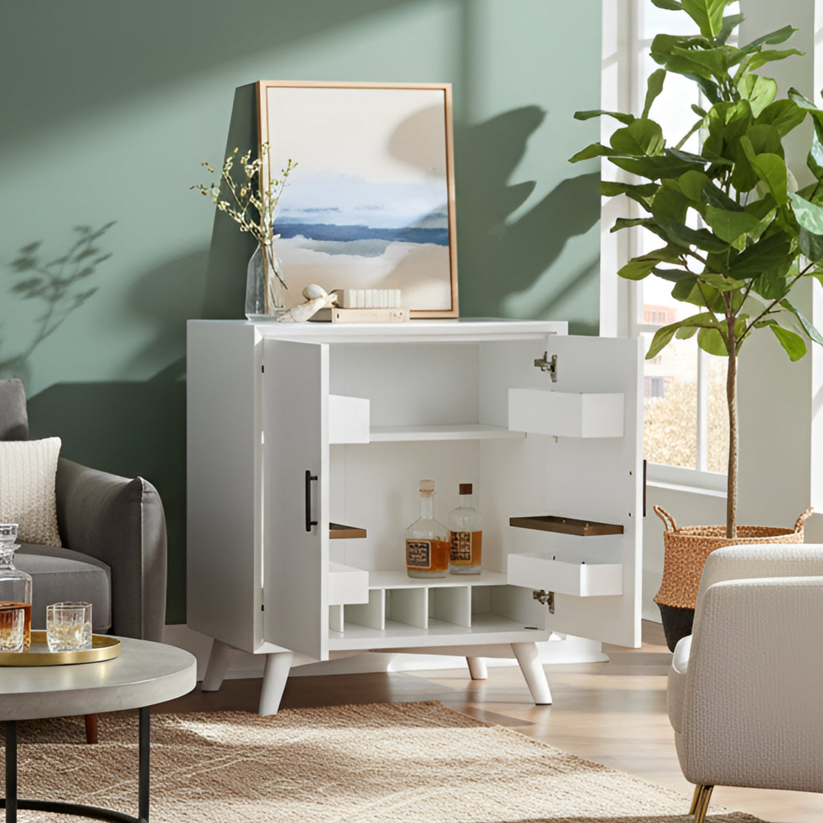 Flynn Small Bar Cabinet with Stemware Storage, Matte White – view 3