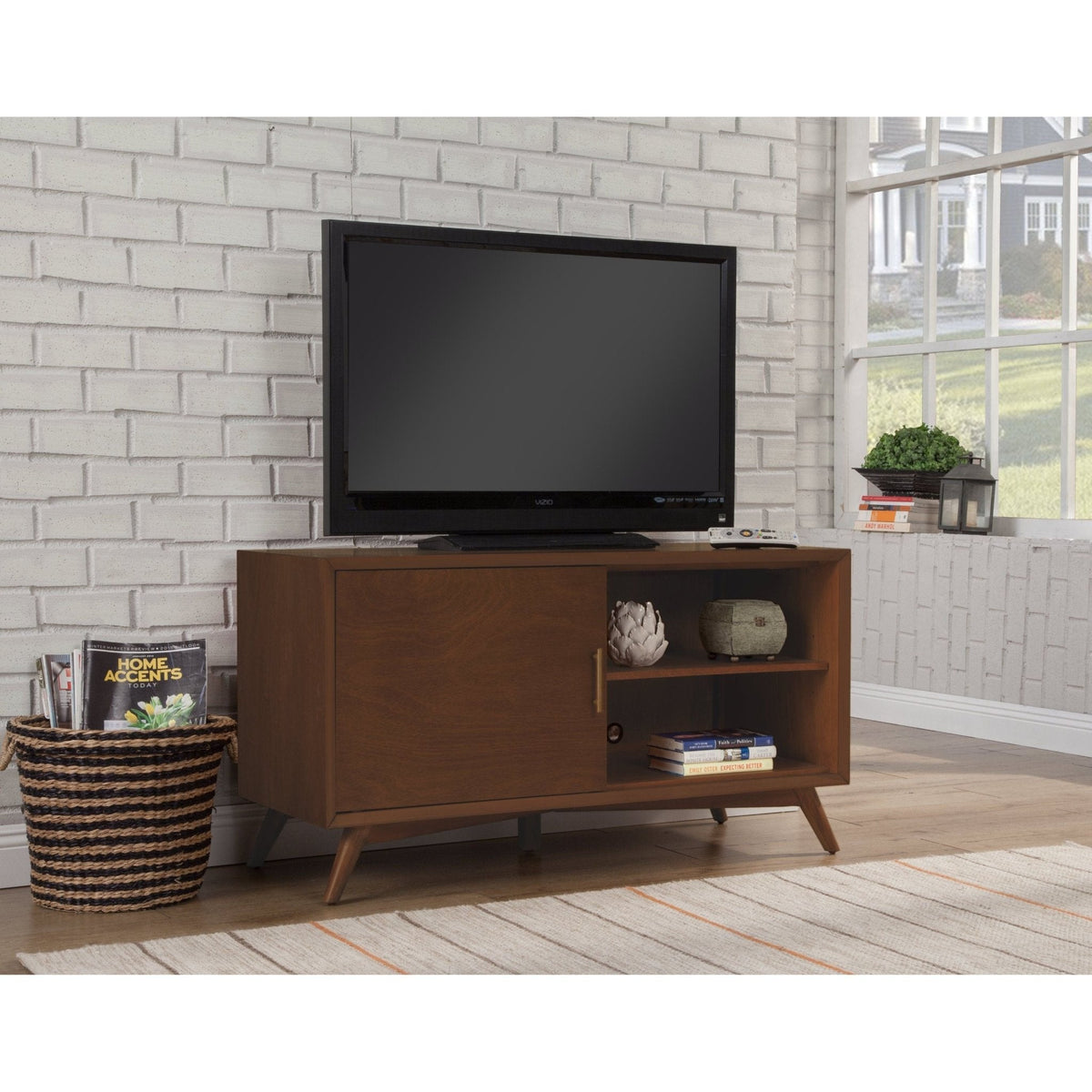 Flynn Small TV Console with Cabinet and Open Shelf, Walnut – view 4