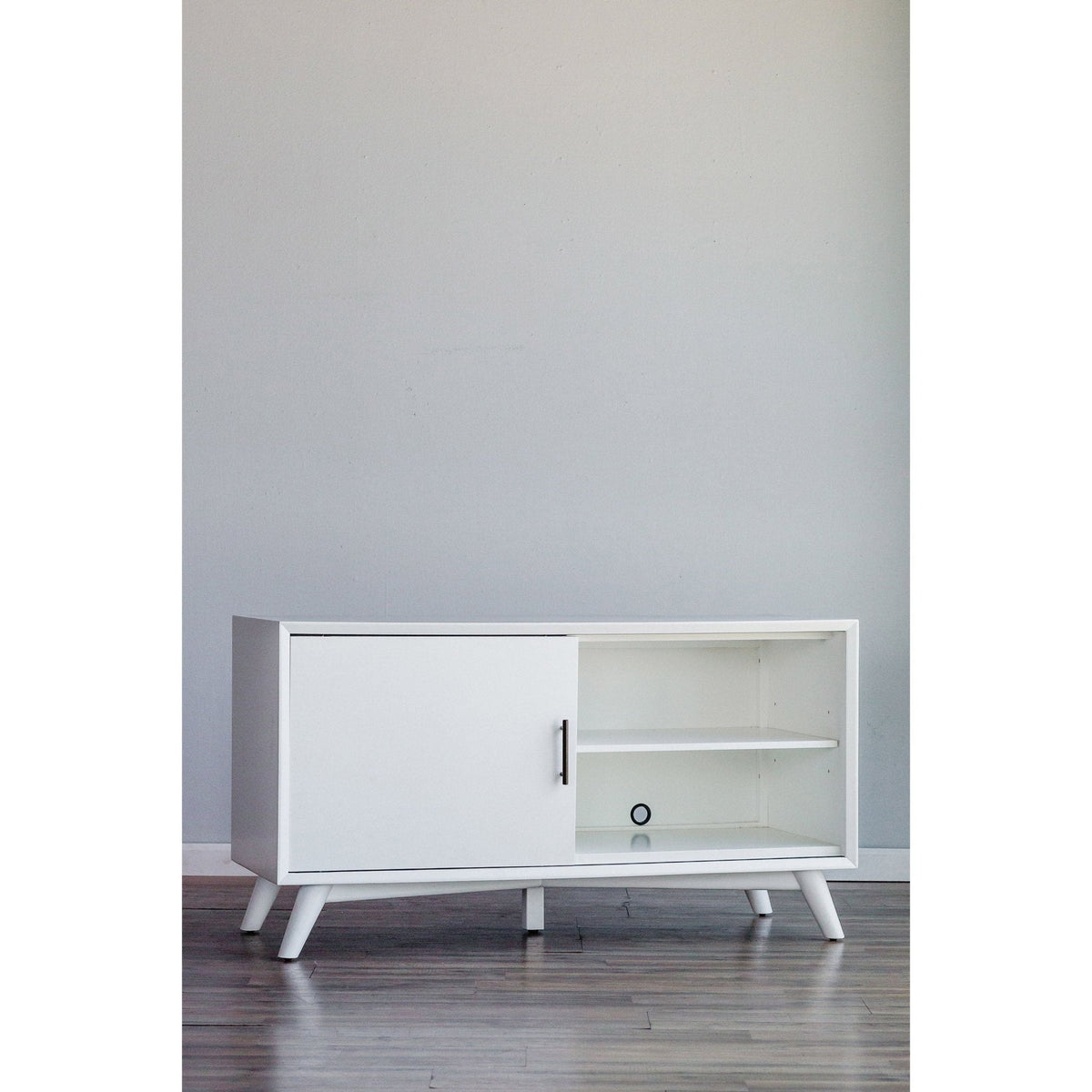Flynn Small TV Console with Cabinet and Open Shelf, White – view 4