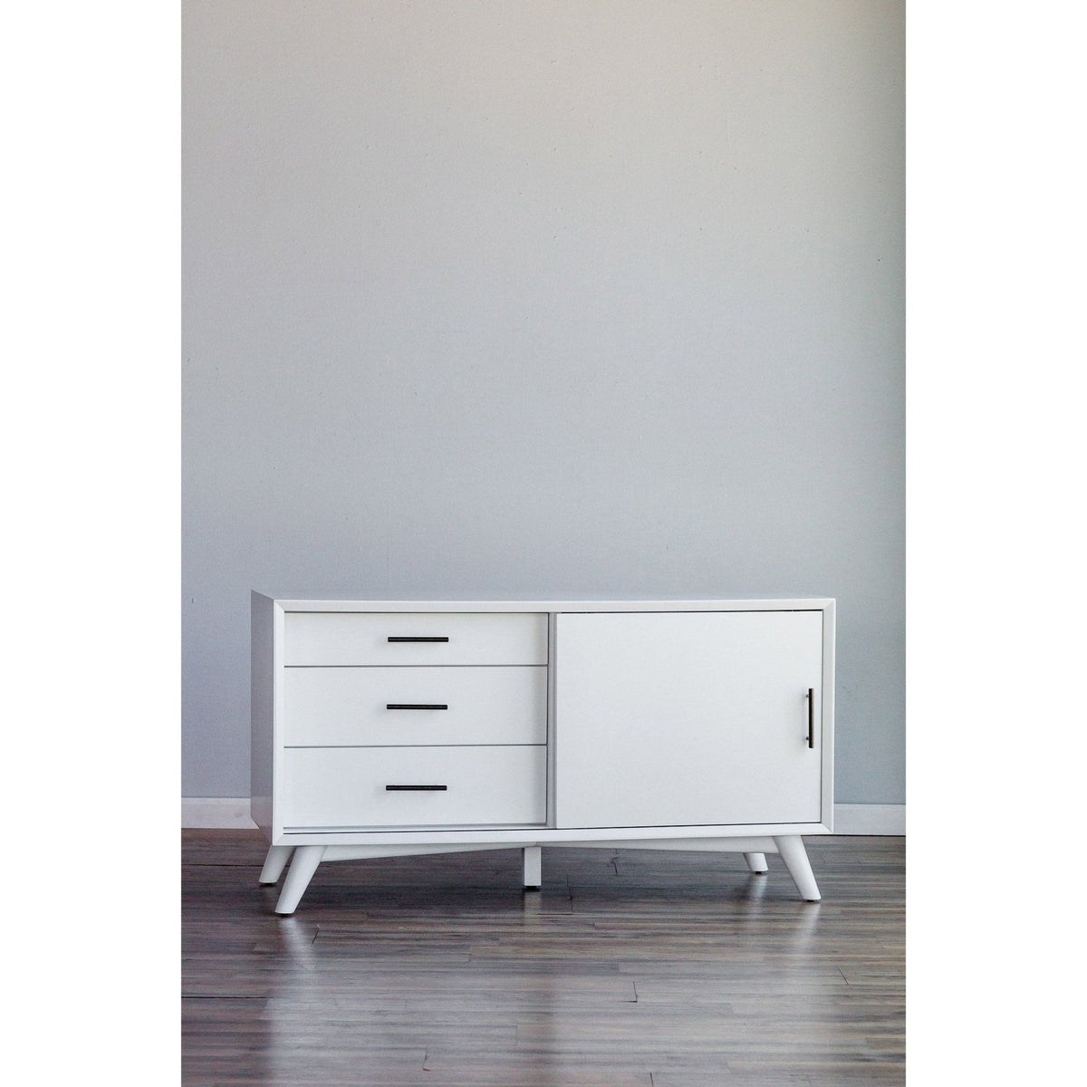 Flynn Small TV Console with Cabinet and Open Shelf, White – view 3