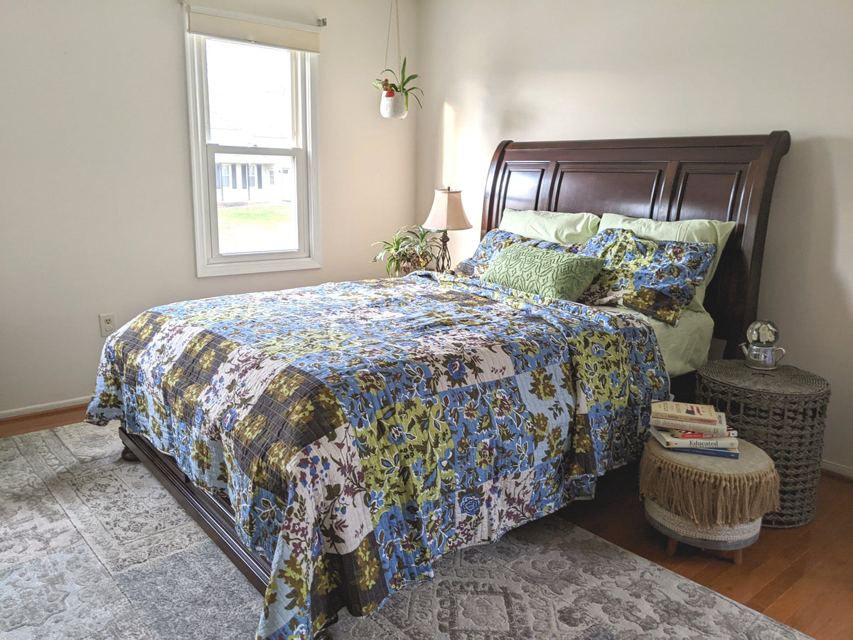 Mystical Forest Green and Blue Leaves Cotton Quilt Set – view 11