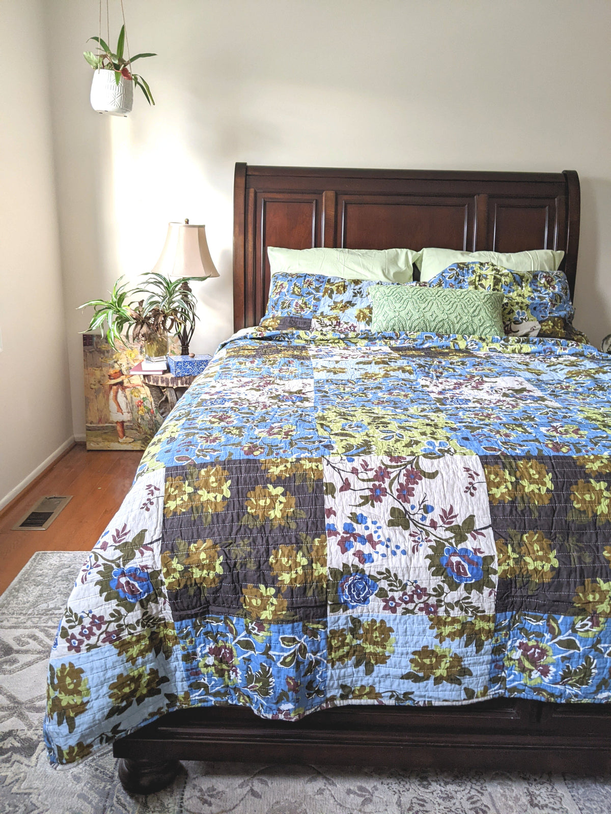 Mystical Forest Green and Blue Leaves Cotton Quilt Set – view 10