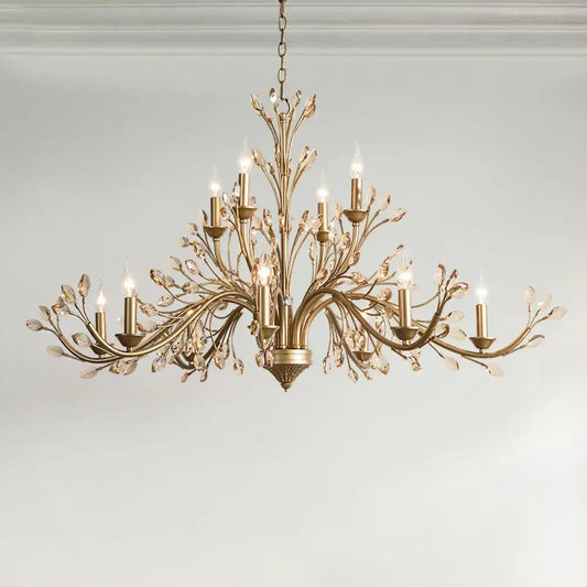 French branch crystal chandelier with amber crystals in an elegant dining room