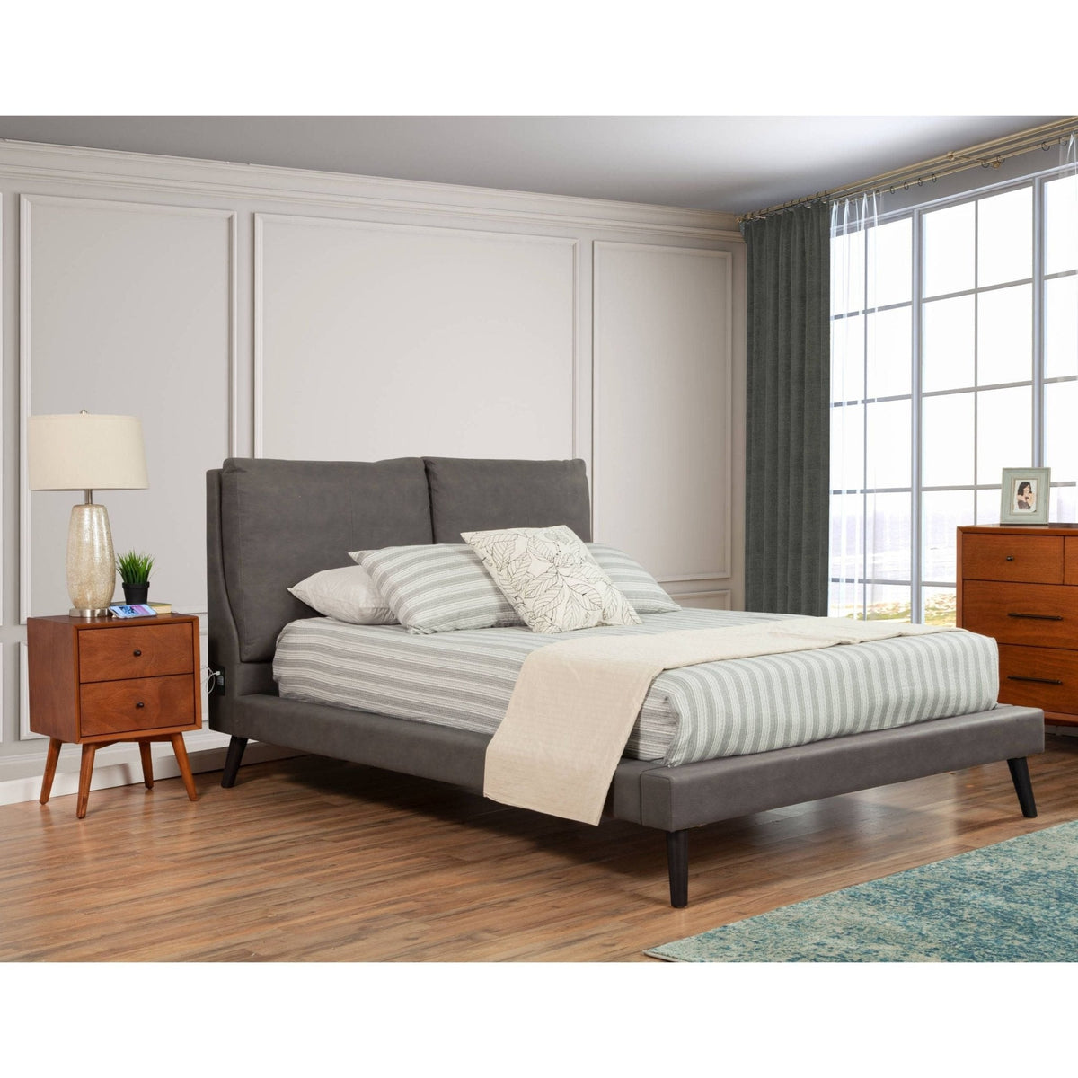 Gabriela Gray Upholstered Platform Bed with USB Ports and Outlets – view 2