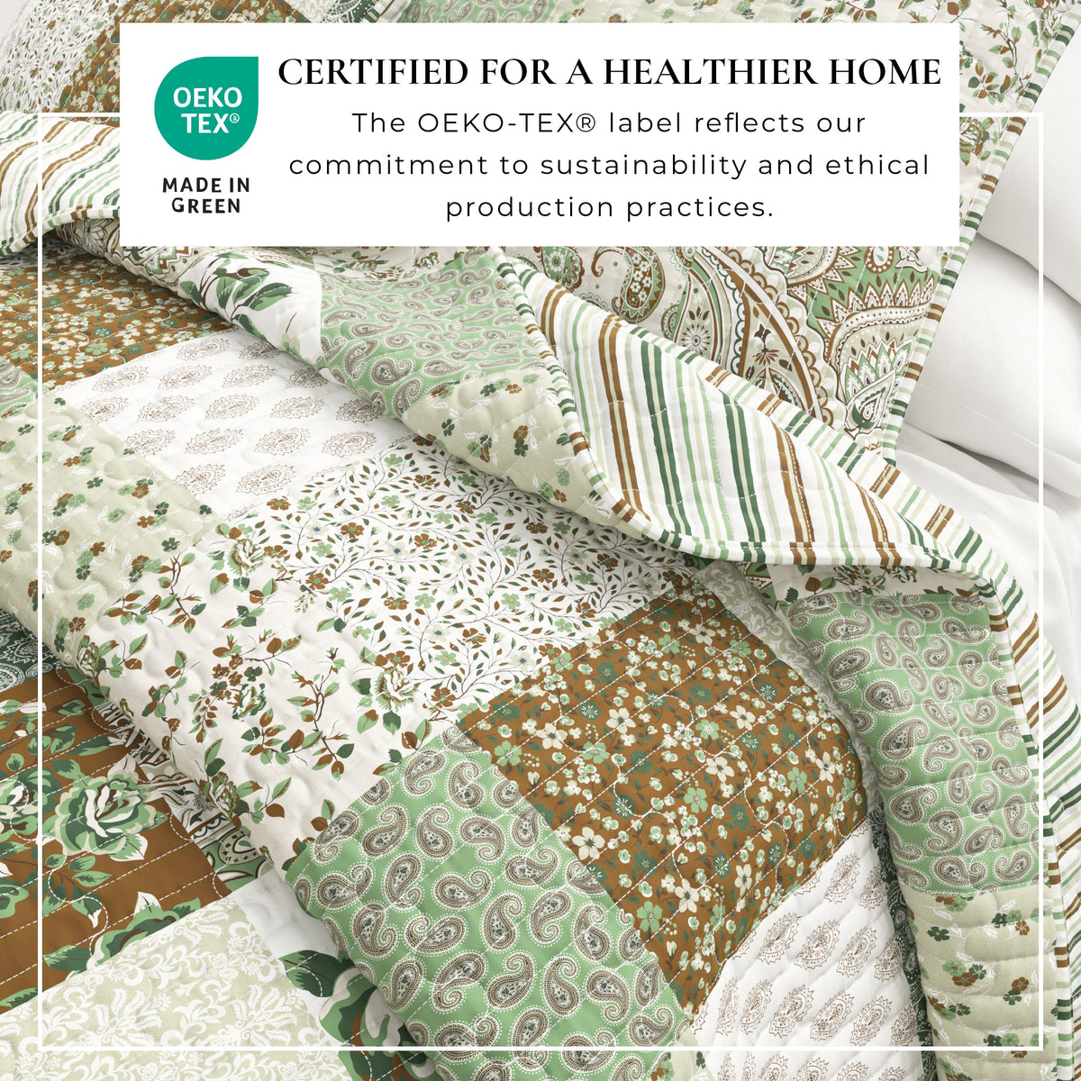 Brown Floral Grid Patchwork Microfiber Quilt Set – Damia Collection – view 5