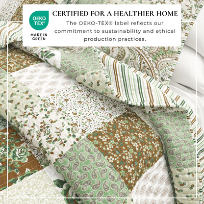 Brown Floral Grid Patchwork Microfiber Quilt Set – Damia Collection – view 5