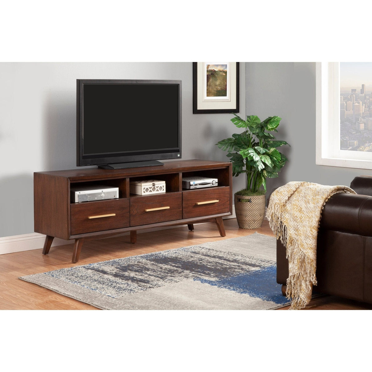 Mahogany Wood Arden TV Console with Walnut Finish and Dovetail Drawers