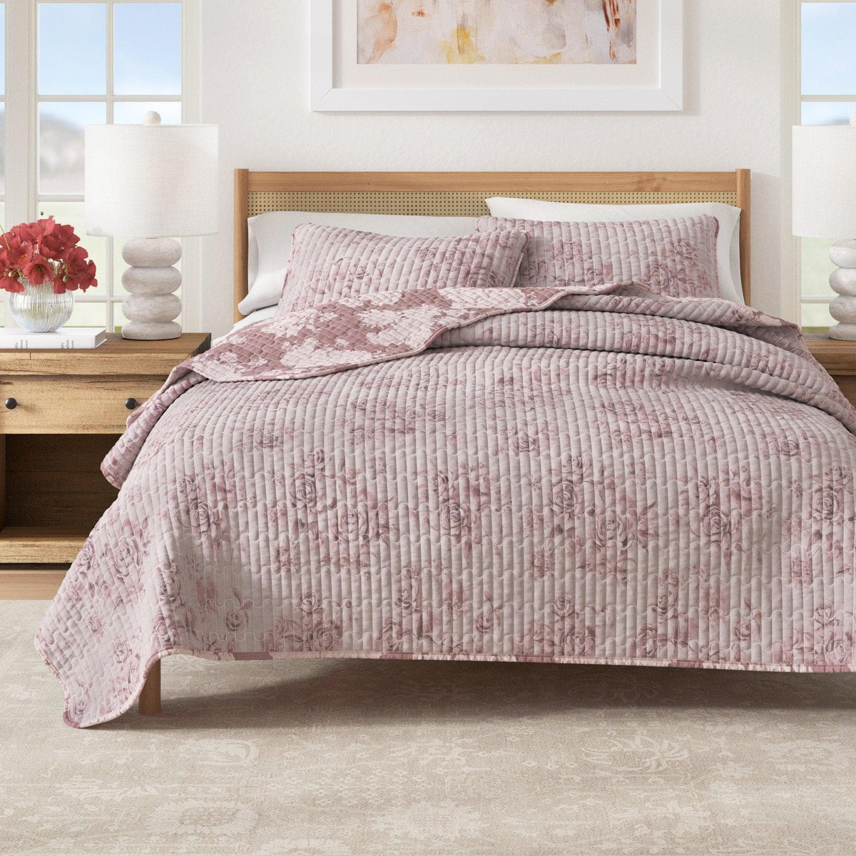 Floral Printed Cotton Quilt Set - Vintage-Inspired Bedding