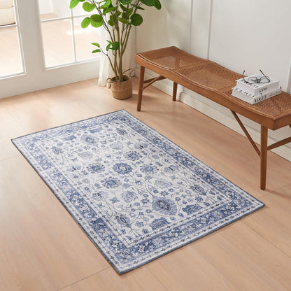 Floral Machine Washable Accent Area Rug, 3' x 5' Blue