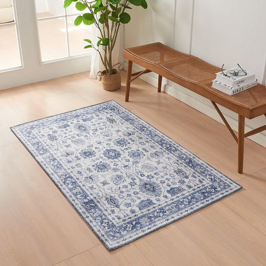 Floral Machine Washable Accent Area Rug, 3' x 5' Blue