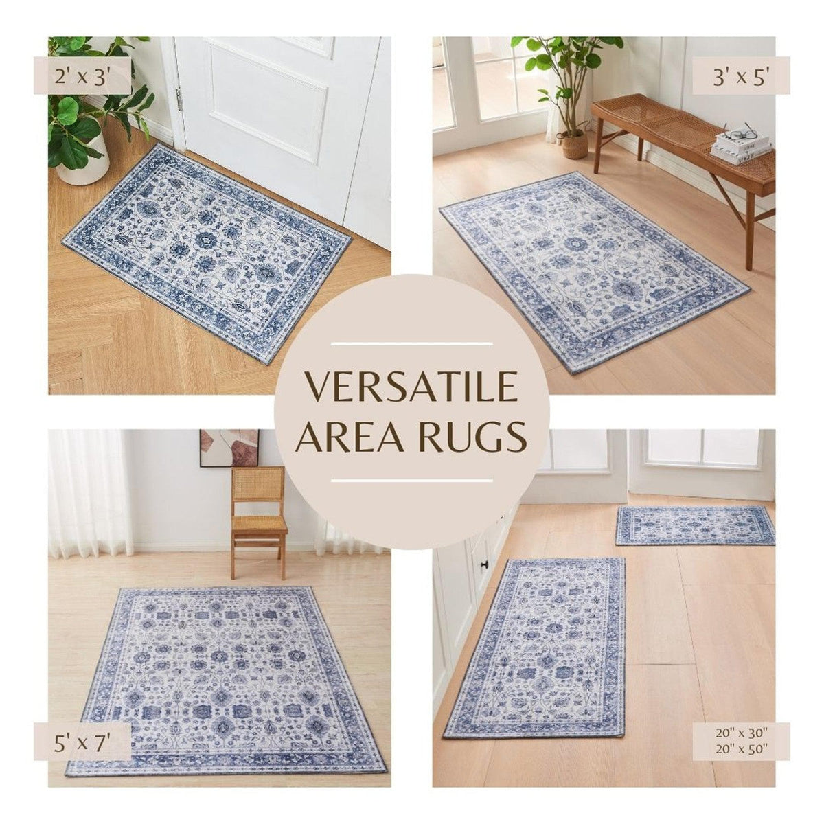Vintage Floral Blue Machine Washable Accent Rug 3' x 5' – Matra Collection – view 3