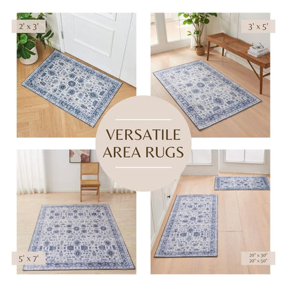 Vintage Floral Blue Machine Washable Accent Rug 3' x 5' – Matra Collection – view 3
