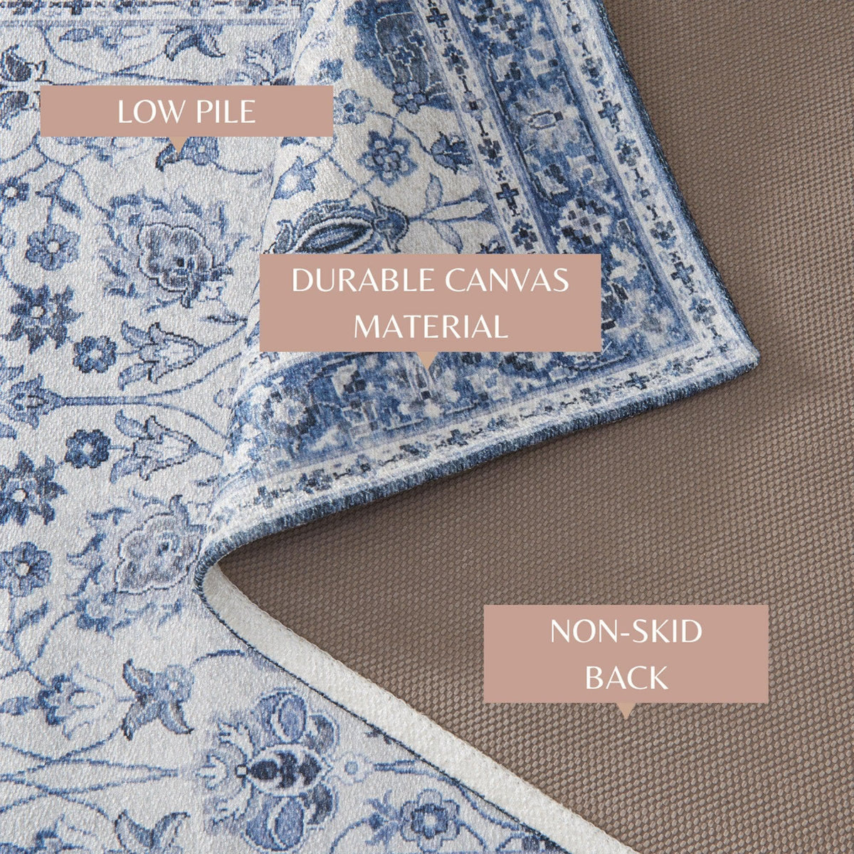 Vintage Floral Blue Machine Washable Accent Rug 3' x 5' – Matra Collection – view 4