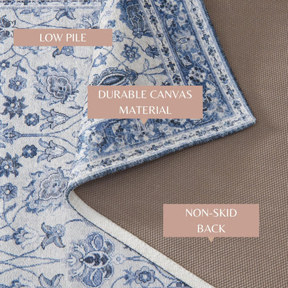 Vintage Floral Blue Machine Washable Accent Rug 3' x 5' – Matra Collection – view 4
