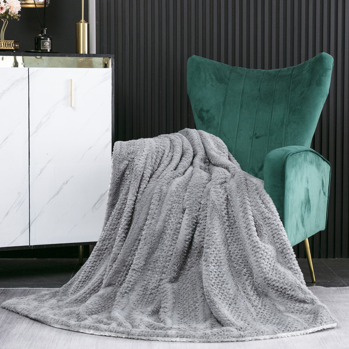 Dark Grey Bubble Textured Faux Fur and Sherpa Throw Blanket – view 8