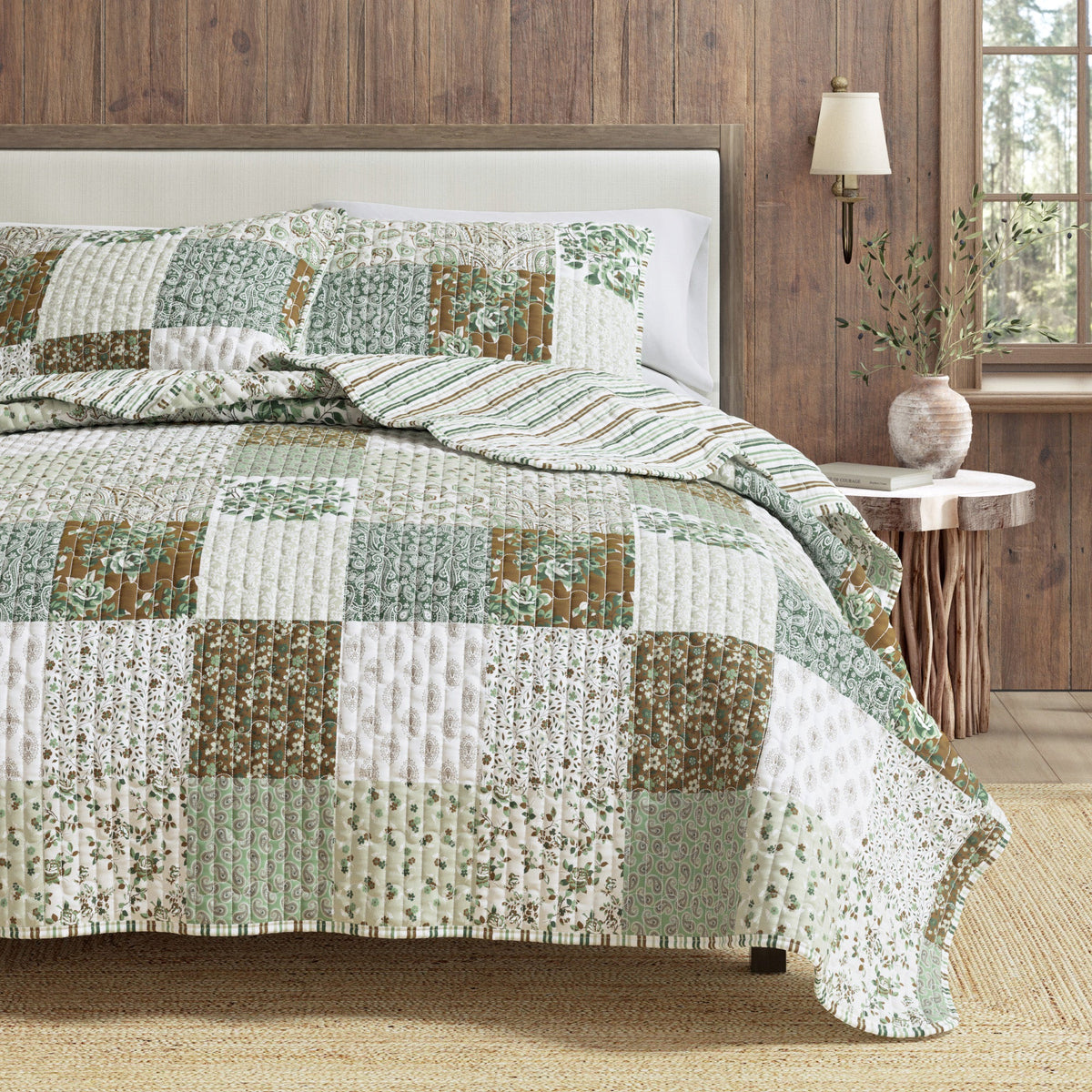 Brown Floral Grid Patchwork Microfiber Quilt Set – Damia Collection – view 6