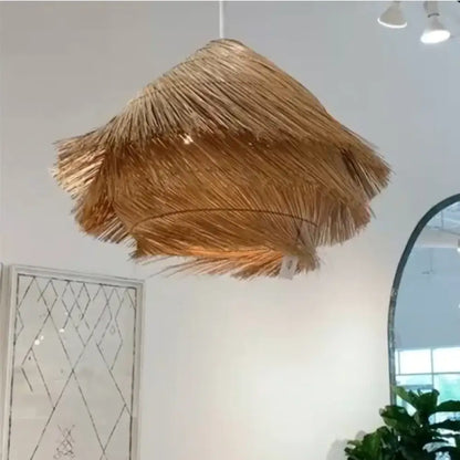 Natural rattan Japanese-style LED pendant light above a Nordic dining table