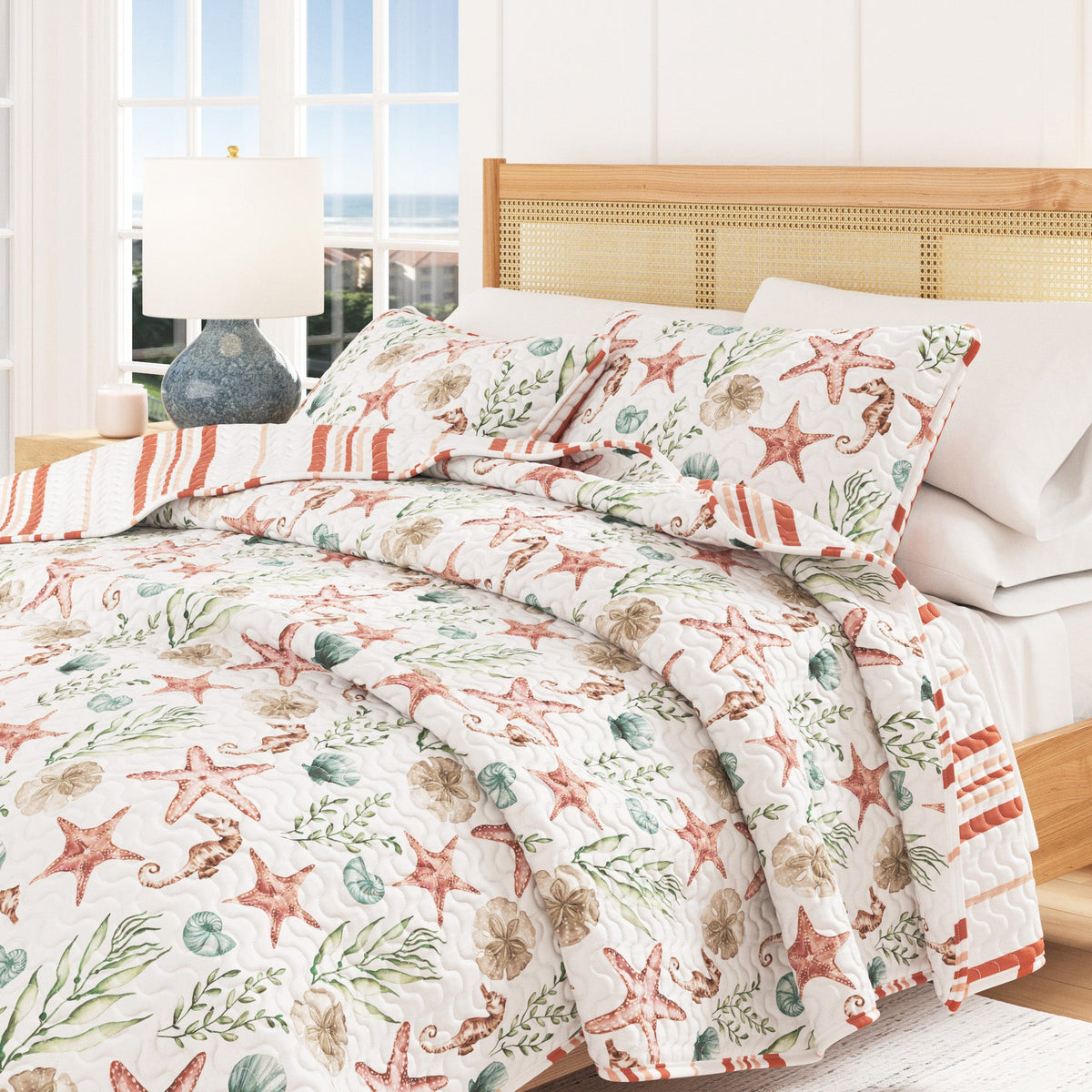 Castaway Seahorse and Shells Reversible Coastal Quilt Set – view 6