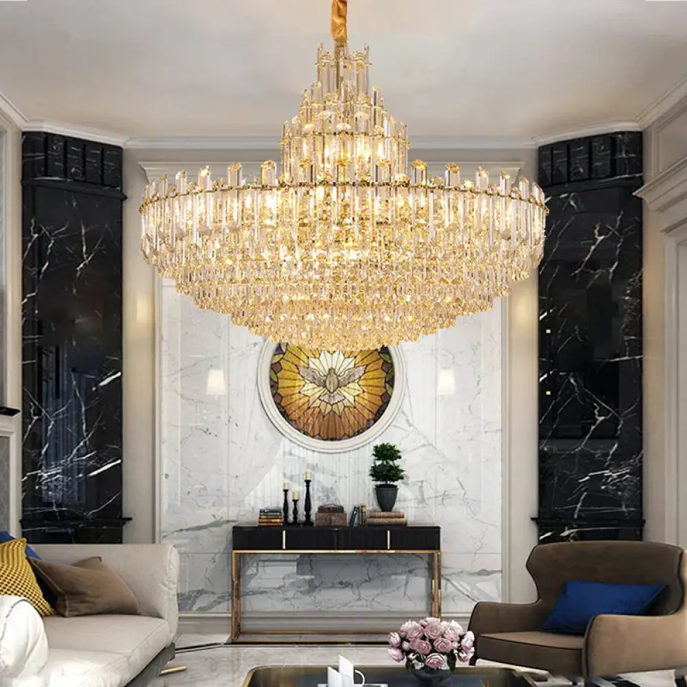 Gold LED crystal chandelier glowing in a luxurious living room