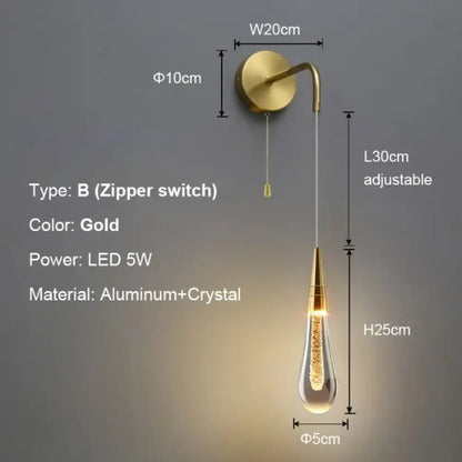 LED Crystal Raindrop Wall Sconce – Gold or Black Bedside Light – view 8
