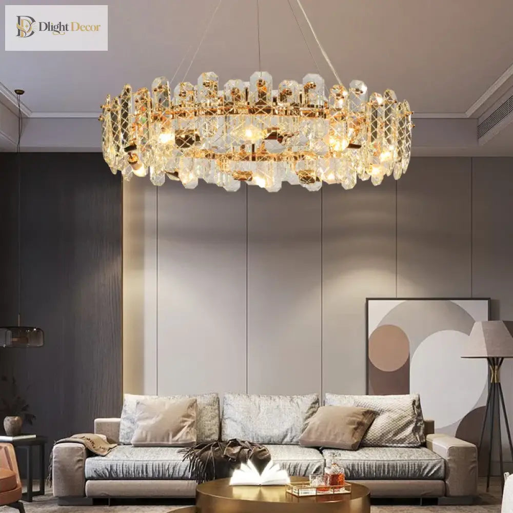 Modern Crystal Lustre LED Chandelier, Round or Linear, Low Profile – view 3