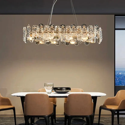 Low-profile modern crystal lustre LED chandelier in a bedroom