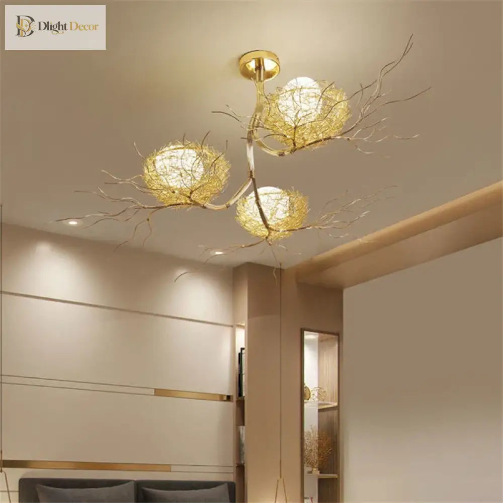 LED Gold Bird's Nest Ceiling Light with Glass Ball Pendants – view 5