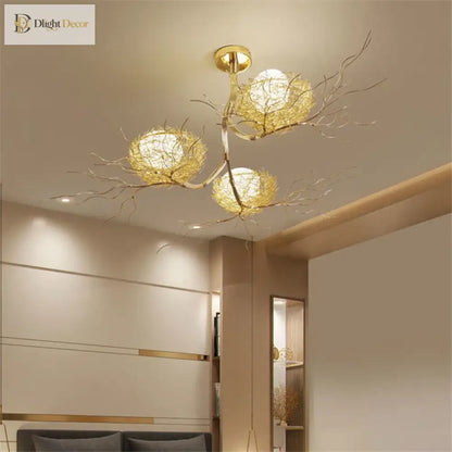 LED Gold Bird's Nest Ceiling Light with Glass Ball Pendants – view 5