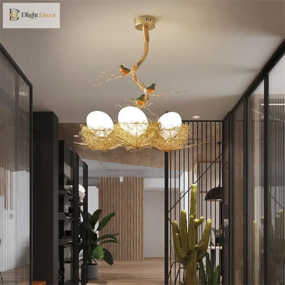 LED Gold Bird's Nest Ceiling Light with Glass Ball Pendants – view 6