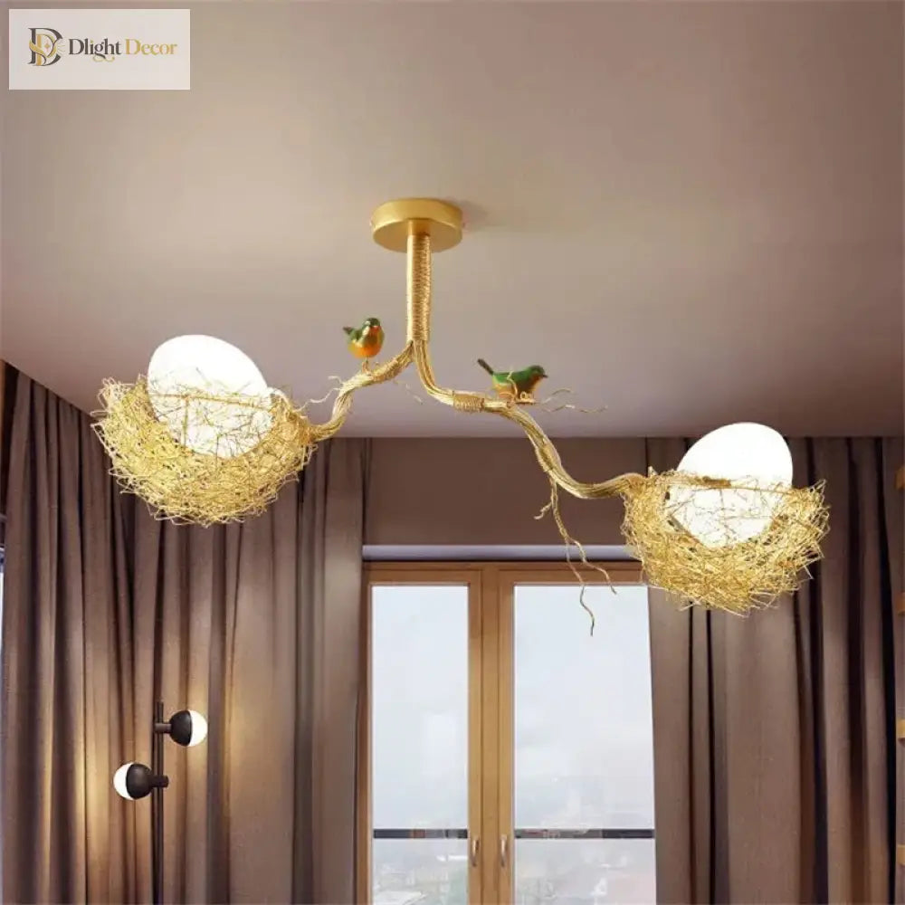 LED Gold Bird's Nest Ceiling Light with Glass Ball Pendants – view 4