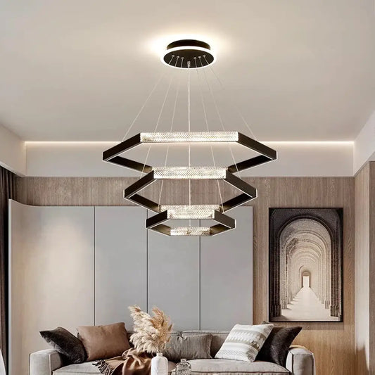 Modern LED ring pendant light hanging over a wooden dining table in a contemporary dining room