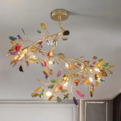 Nordic LED ceiling chandelier with colorful leaf-shaped agate accents above a dining table
