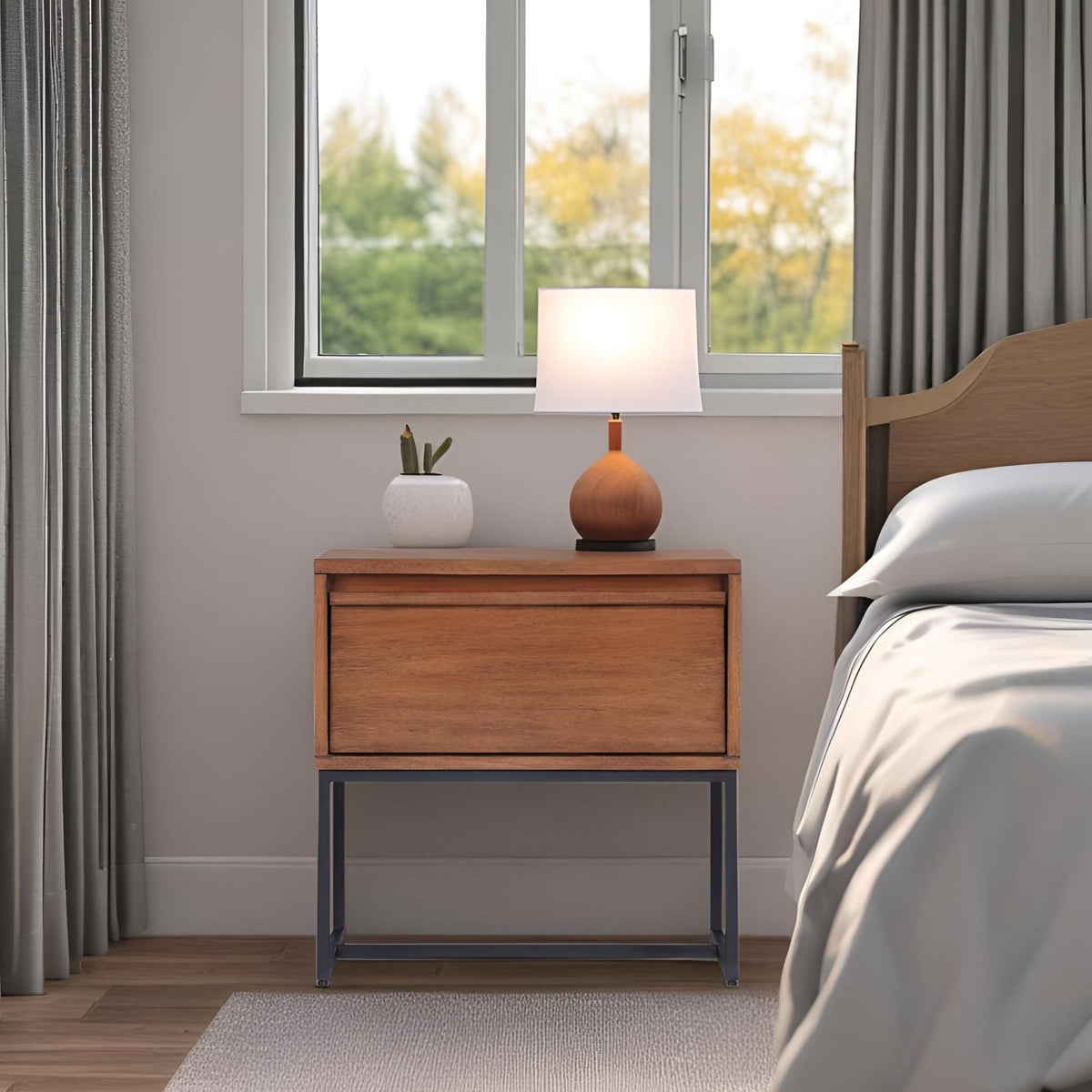 Teak Brown Nightstand with Soft-Close Drawer, Levi