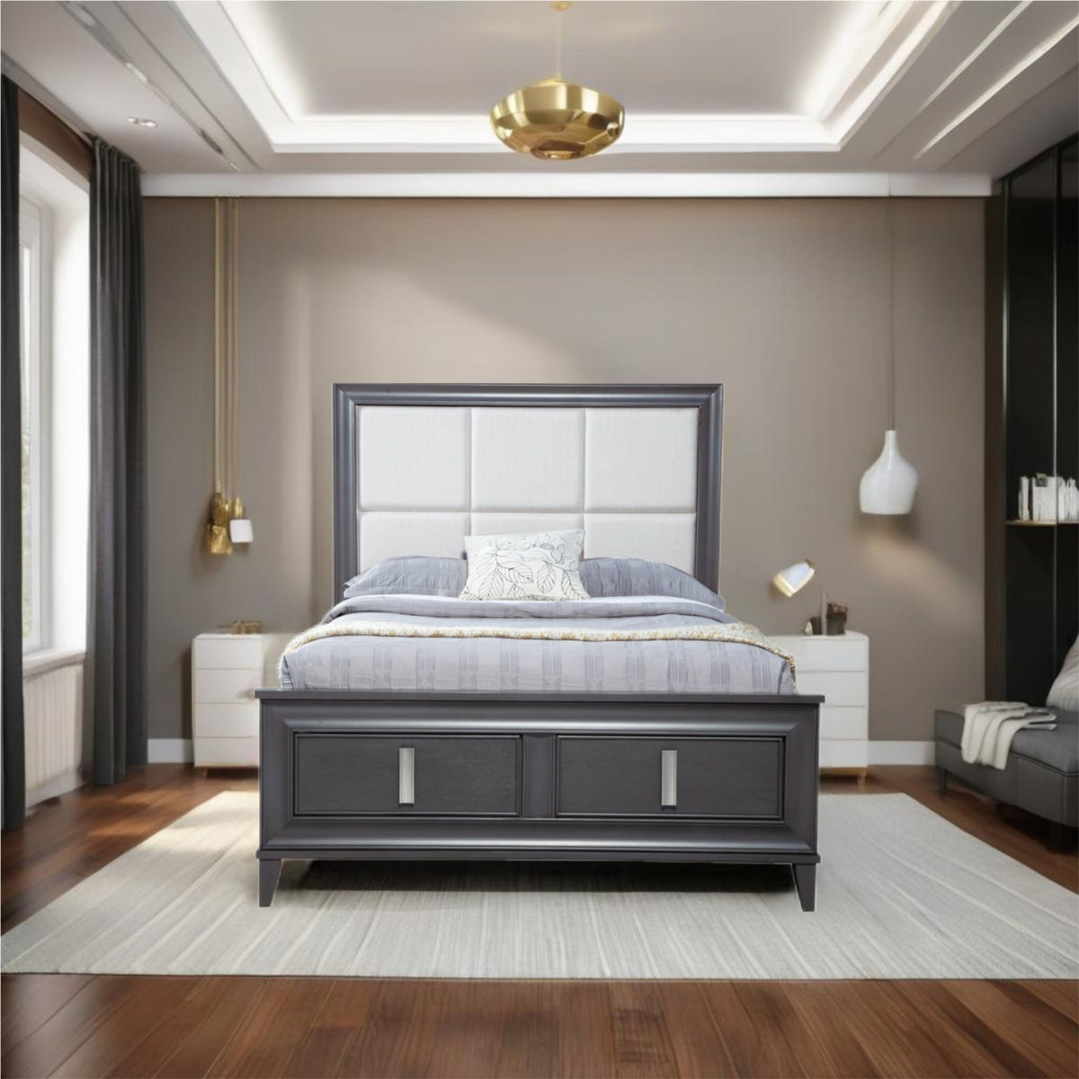 Lorraine Storage Platform Bed in Dark Grey with Footboard Drawers – view 3