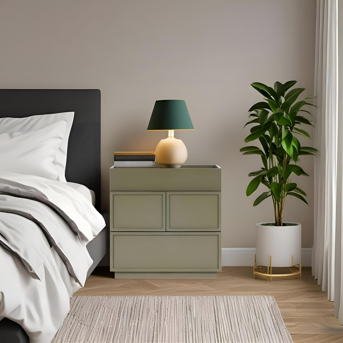 Luca 2-Drawer Nightstand in Olive Green with Top Tray – view 2