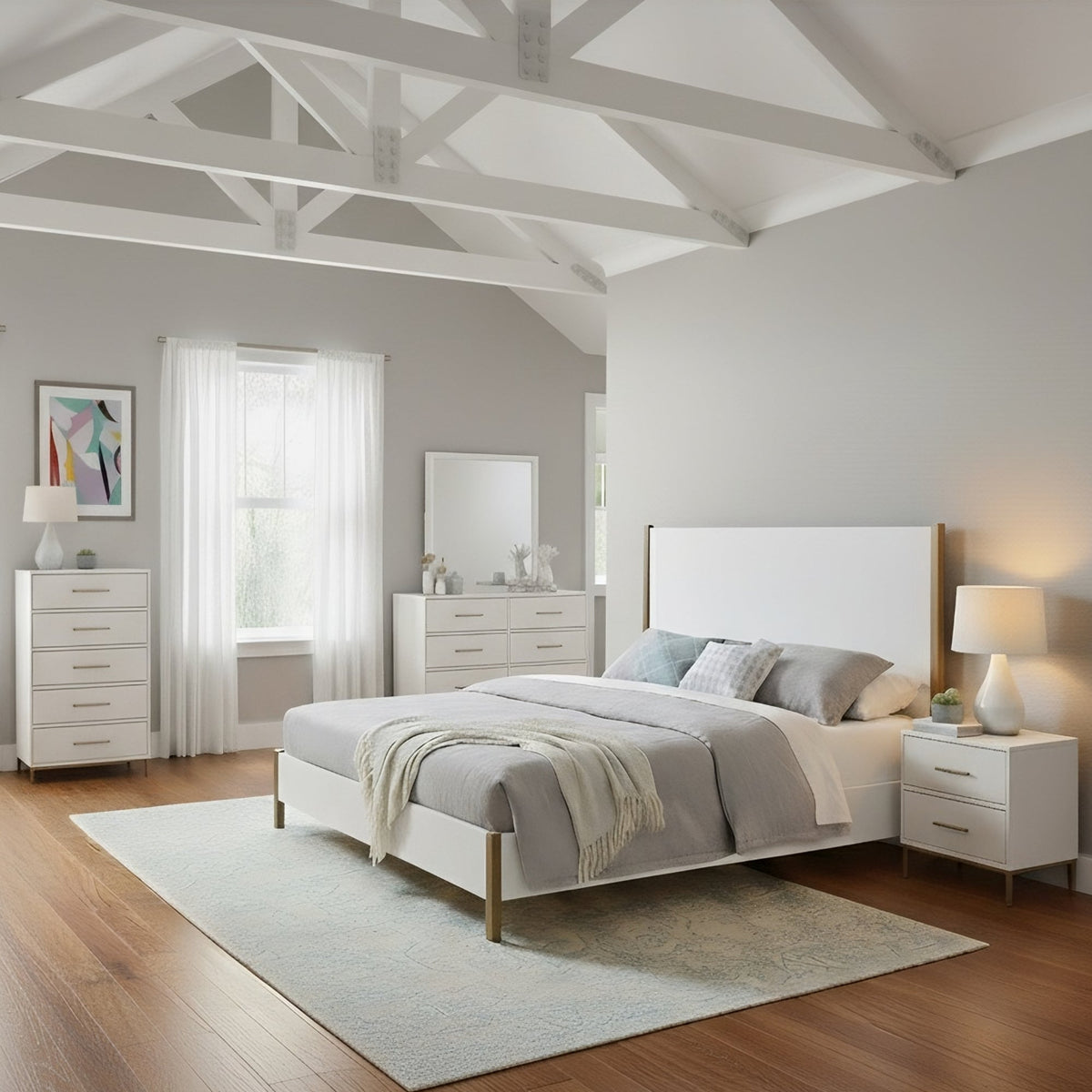 Madelyn Upholstered Panel Bed in Neutral White with Gold Legs – view 12